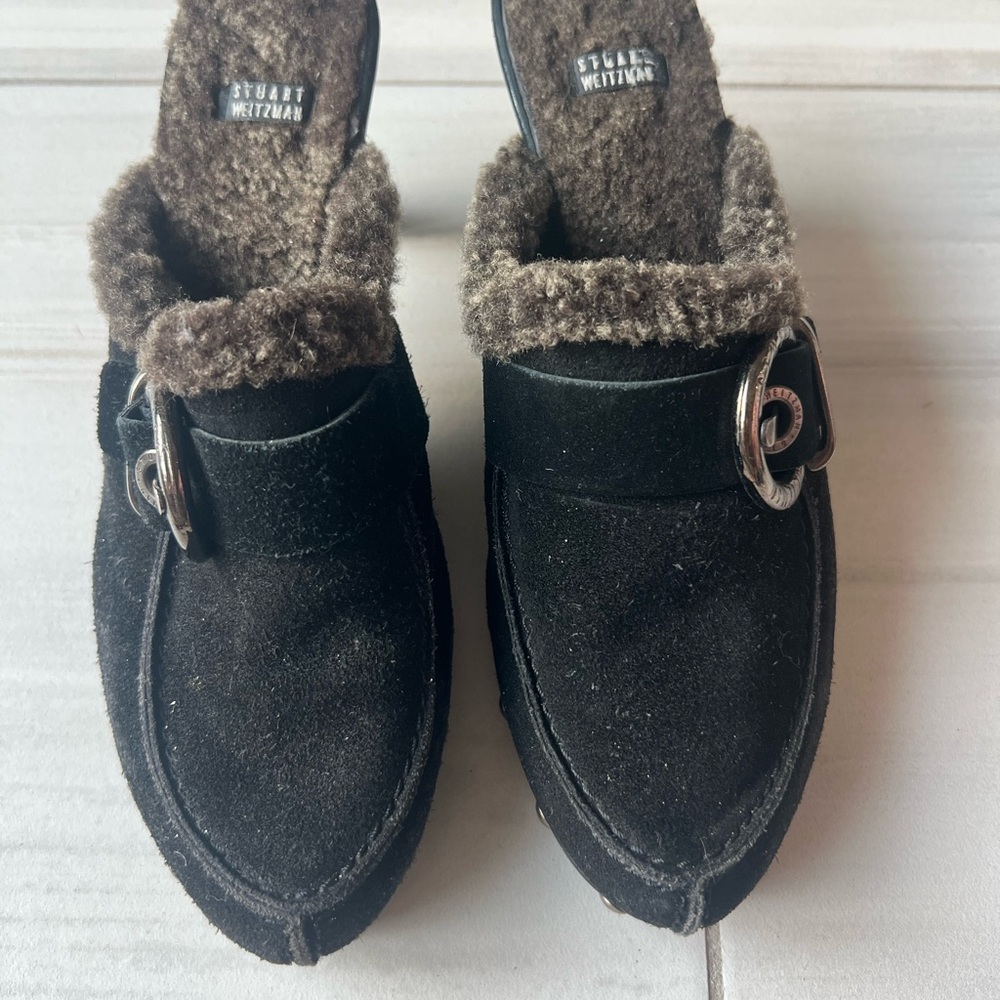 Stuart Weitzman Black Suede Mule Clogs with Brown Faux-Fur Trim